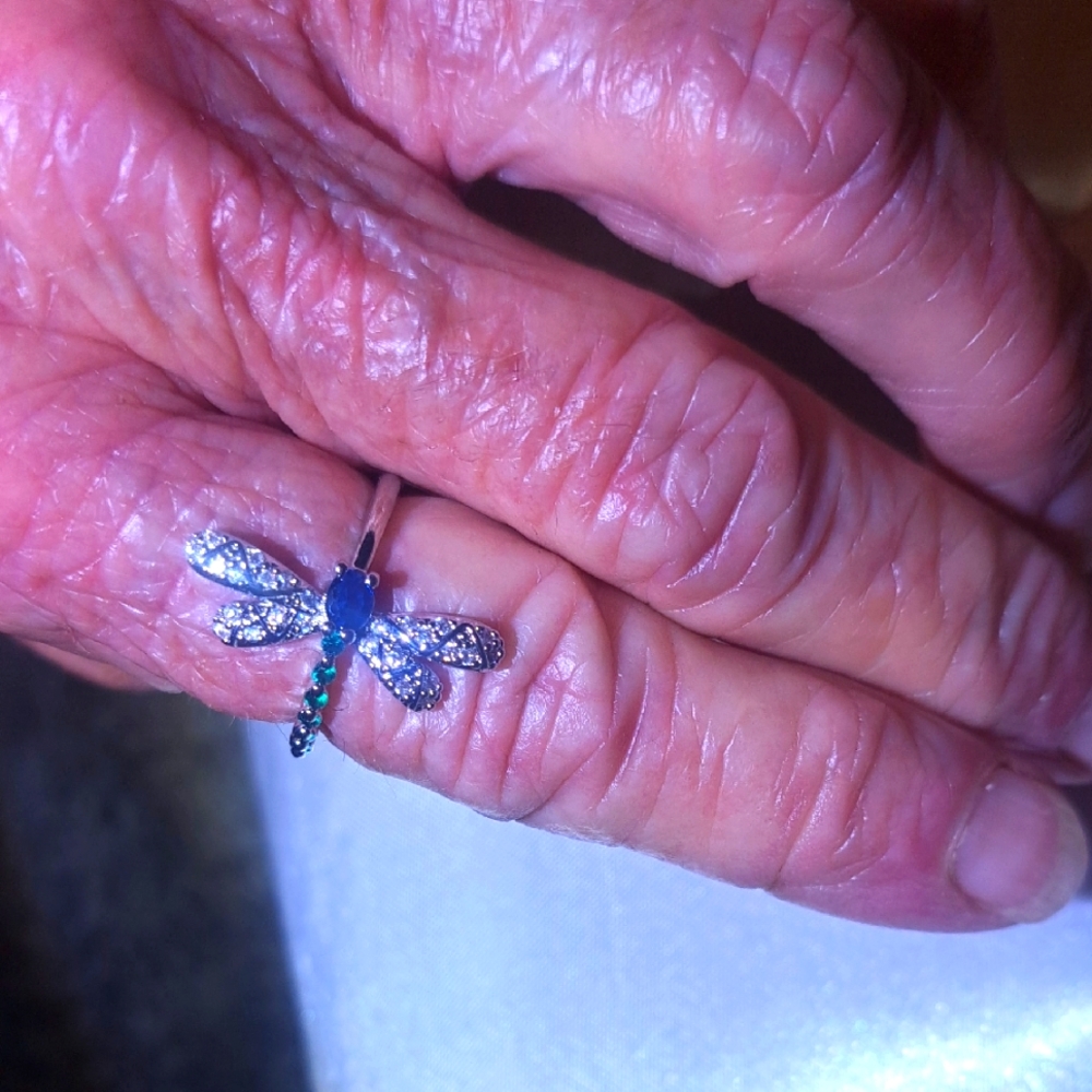 Silver Dragonfly Ring with Blue and Green Accents - Picture 1 of 3